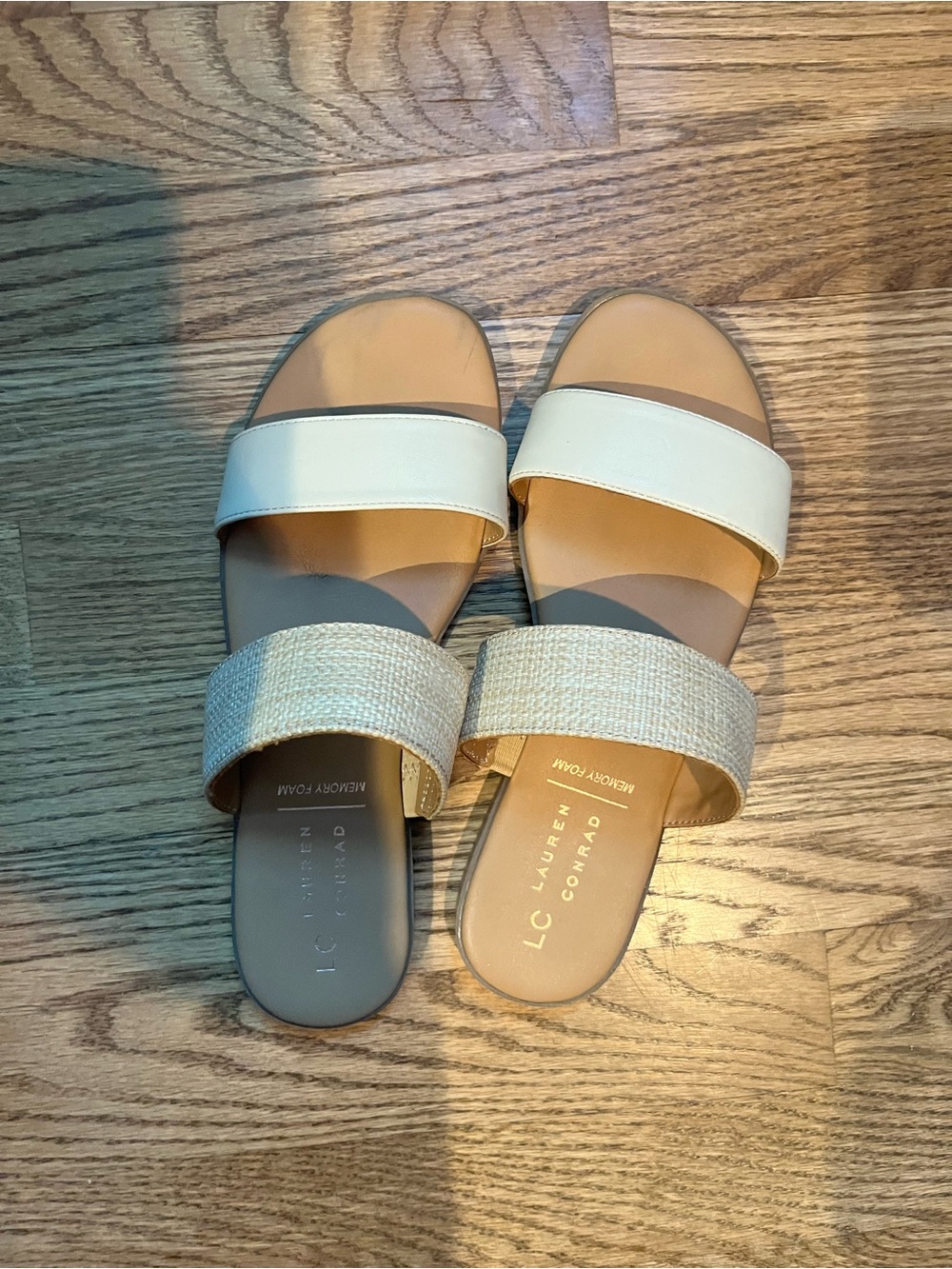 LC Lauren Conrad Cream and Tan Double-Band Slide Sandals